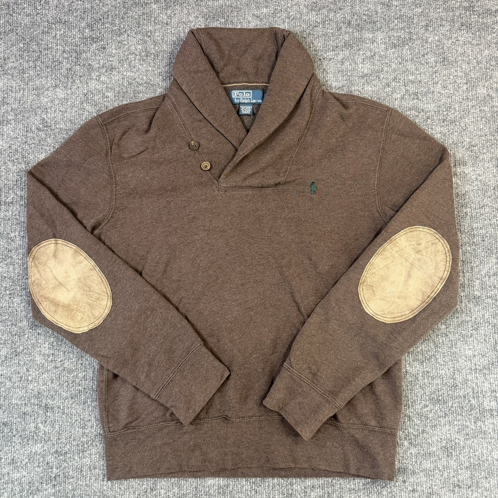 Polo Ralph Lauren Sweatshirt Men Medium Brown Shawl Collar Elbow Patch Pullover